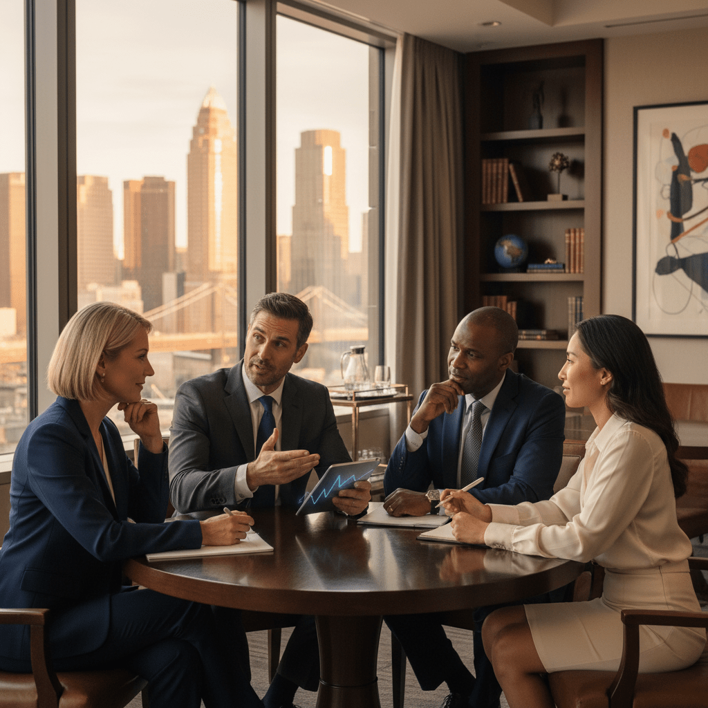 A diverse group of confident professionals engaged in a high-level discussion in an exclusive executive setting.