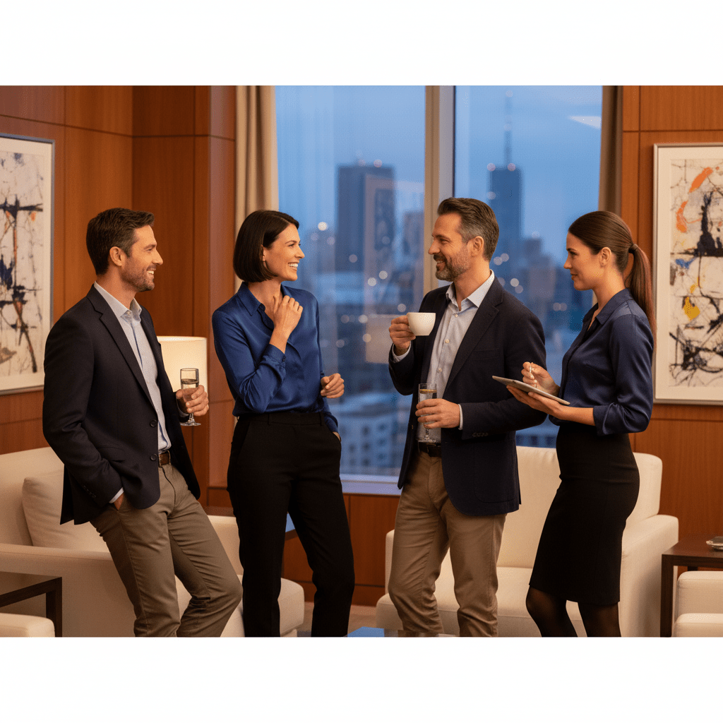 A diverse group of elite founders and investors networking in a luxurious, modern executive lounge, symbolizing high-level collaboration and global connections.