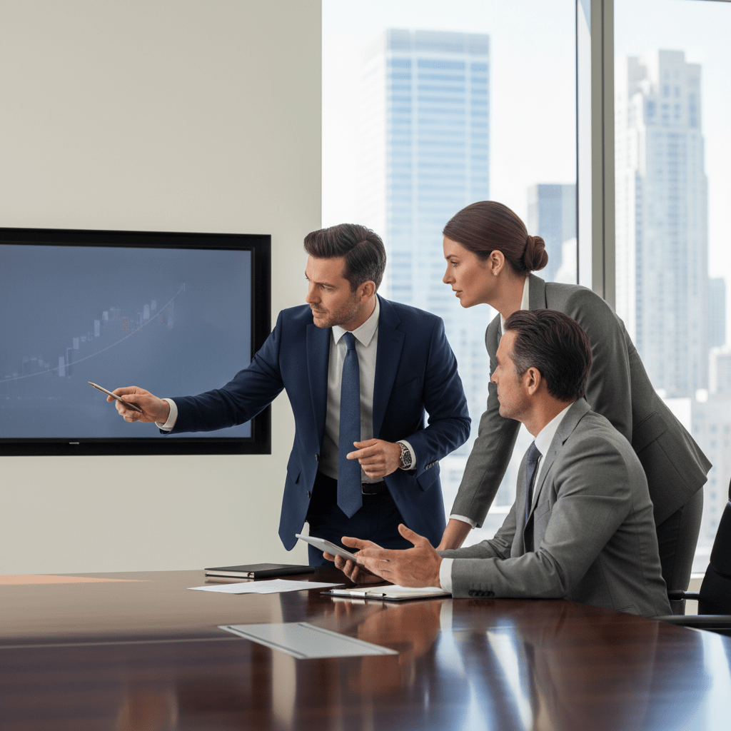 A diverse group of executives in a modern boardroom engaged in a strategic discussion about capital raising.