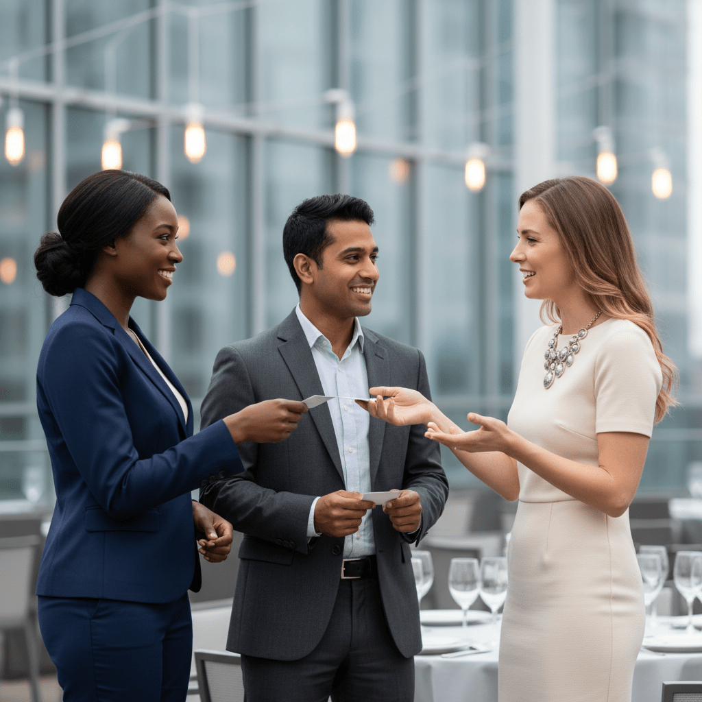 A diverse group of financial professionals networking at an exclusive international business event.