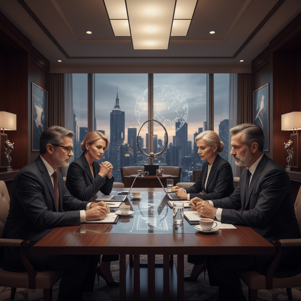 A diverse group of influential business leaders engaged in a strategic discussion in an elegant, exclusive boardroom.