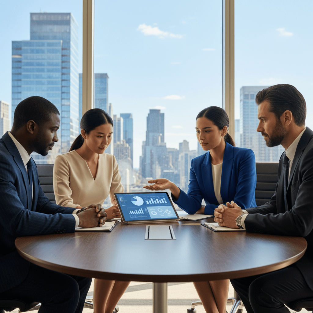 A diverse group of professional founders and investors in a high-rise boardroom, engaged in a strategic discussion about capital raising.