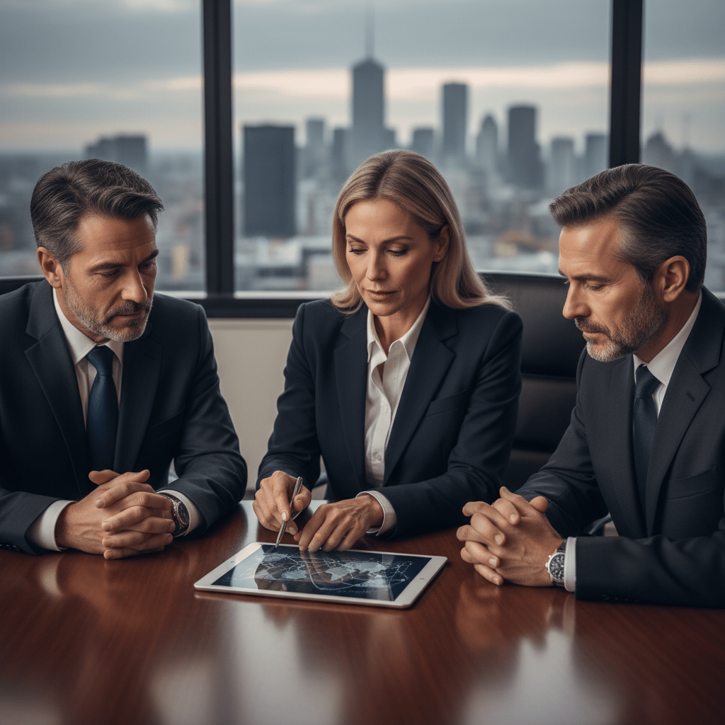 A diverse group of three confident business executives in a modern boardroom, engaged in a high-level strategic discussion about capital raising.