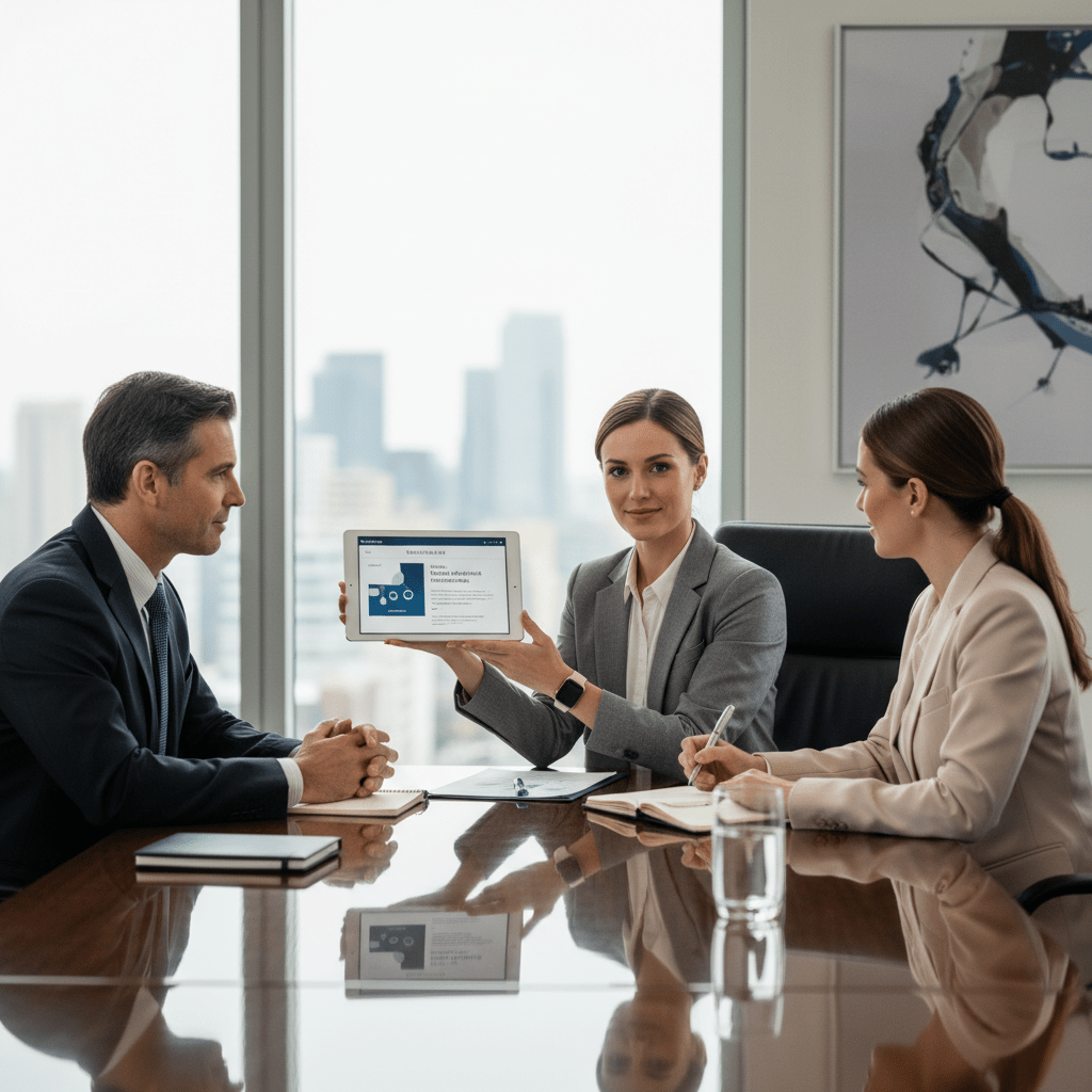 A diverse group of three professionals in a modern conference room, engaged in a strategic business discussion, symbolizing successful capital raising.
