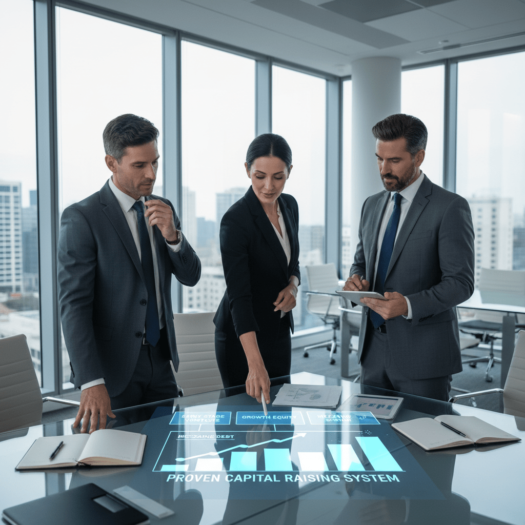 A diverse team of business professionals collaborating confidently around a strategic plan on a digital screen, representing a proven capital raising system.
