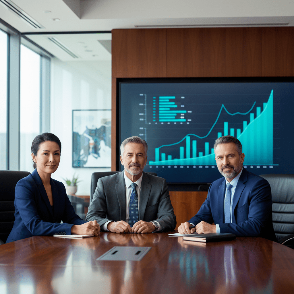 A diverse team of confident executives strategizing capital raising in a modern, high-end corporate boardroom.