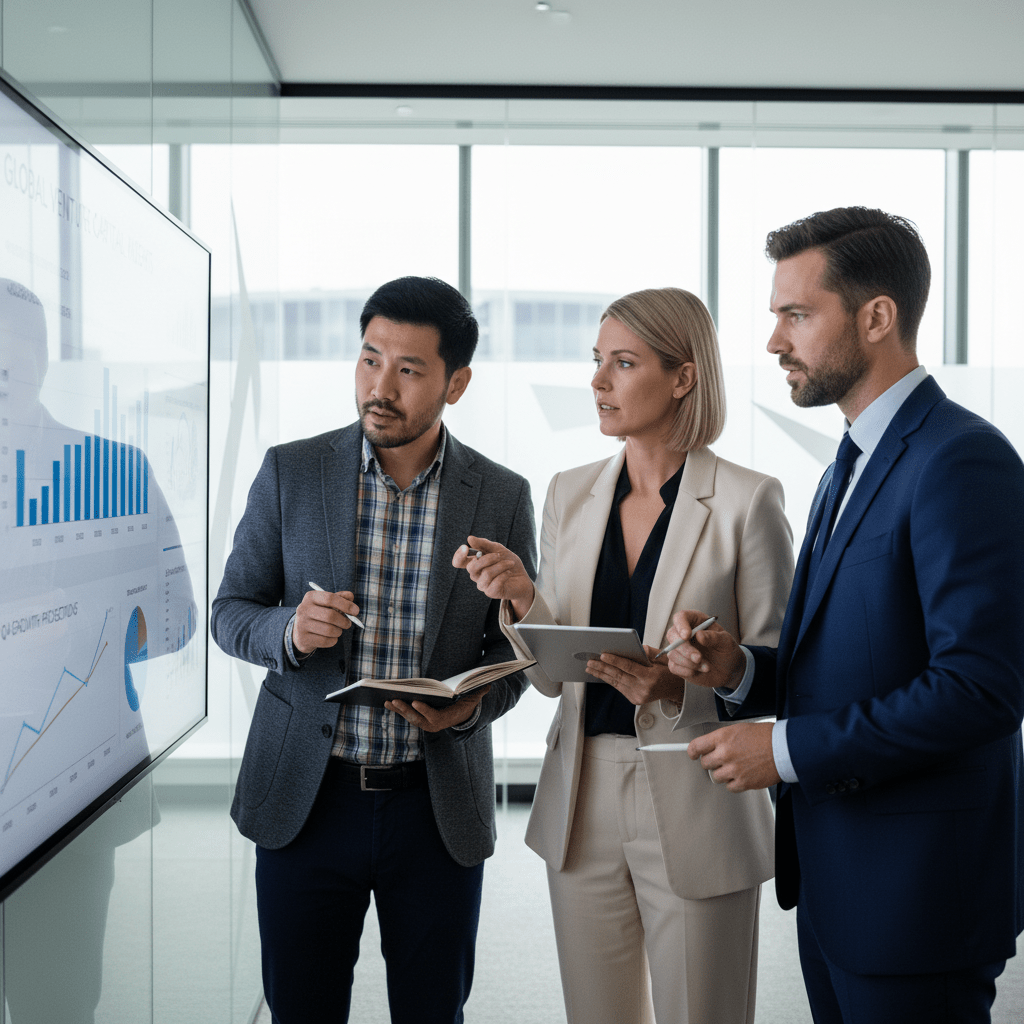 A diverse team of four business professionals collaboratively analyzing complex financial data and market trends on a large digital screen in a modern strategy room.
