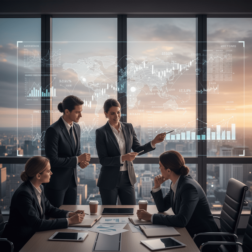 A diverse team of investment professionals in a modern boardroom discussing global deal sourcing strategies.