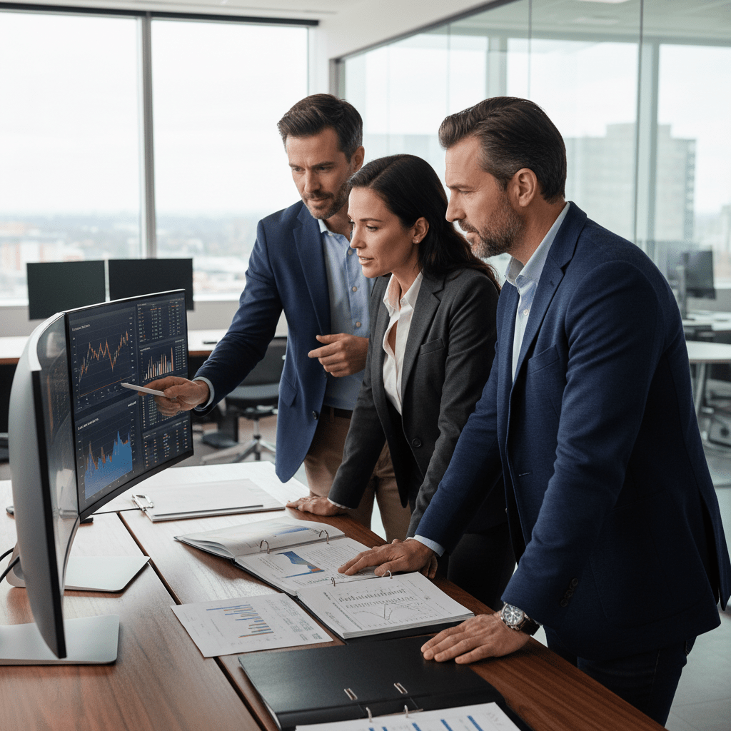 A diverse team of professionals analyzing financial data and strategic projections in a modern office.