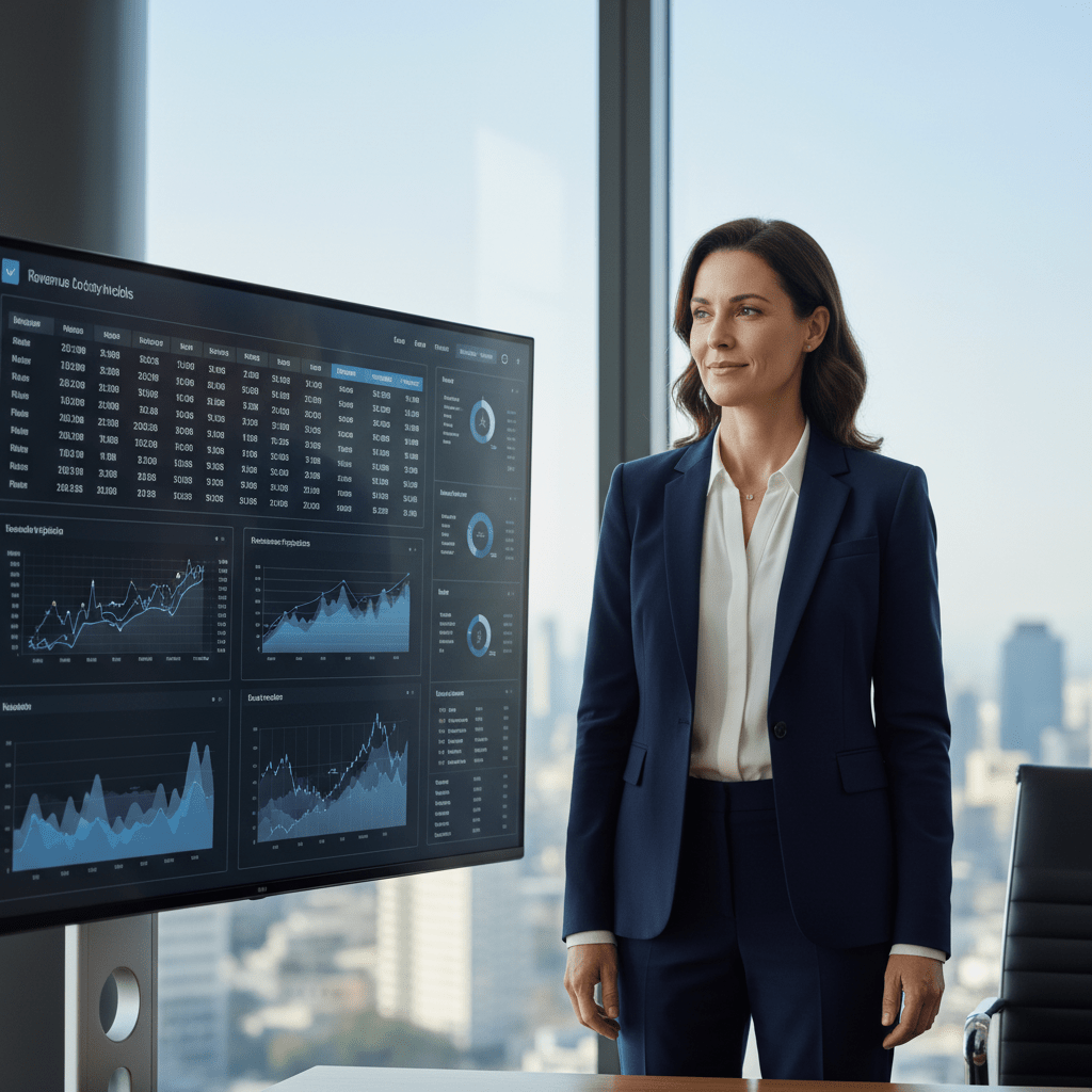 A female founder confidently presenting sophisticated financial models for capital raising in a premium corporate setting.