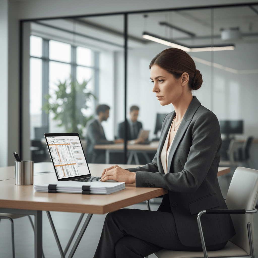 A female founder in a professional suit looks thoughtfully, with a hint of frustration, at her laptop screen in a modern office.