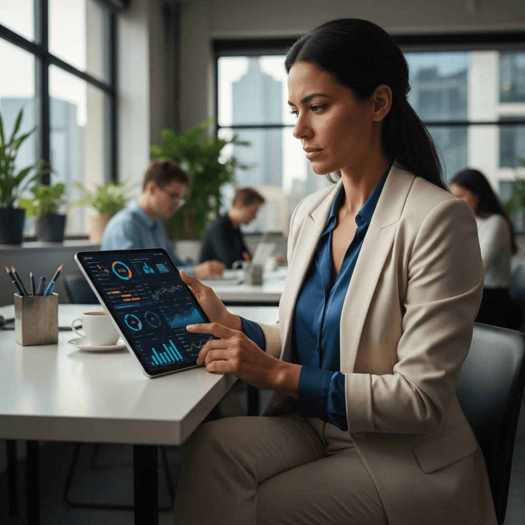 A female founder intently analyzing complex investment data on a tablet in a modern office.
