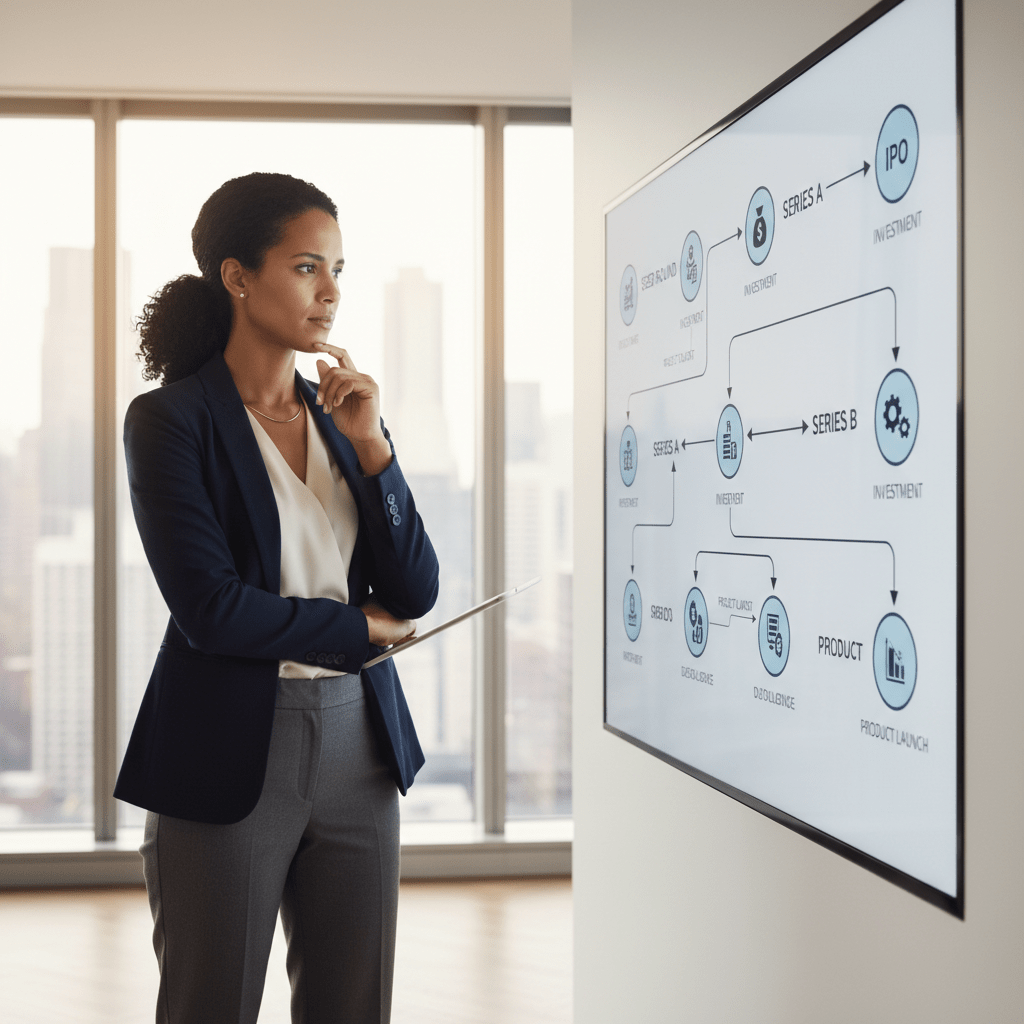 A female founder intently reviews a complex digital flowchart illustrating a financial funding process in a modern office.