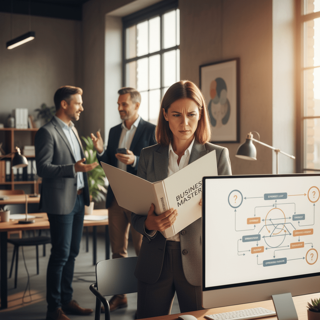 A female founder looking frustrated while reviewing generic business course materials in a modern office, symbolizing the ineffectiveness of traditional private equity training.