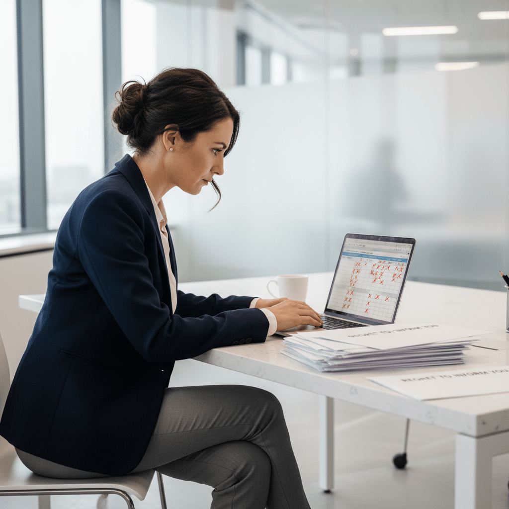 A female founder looking thoughtfully at a laptop screen displaying rejection messages, surrounded by documents on a modern office desk, symbolizing the challenges of traditional fundraising.