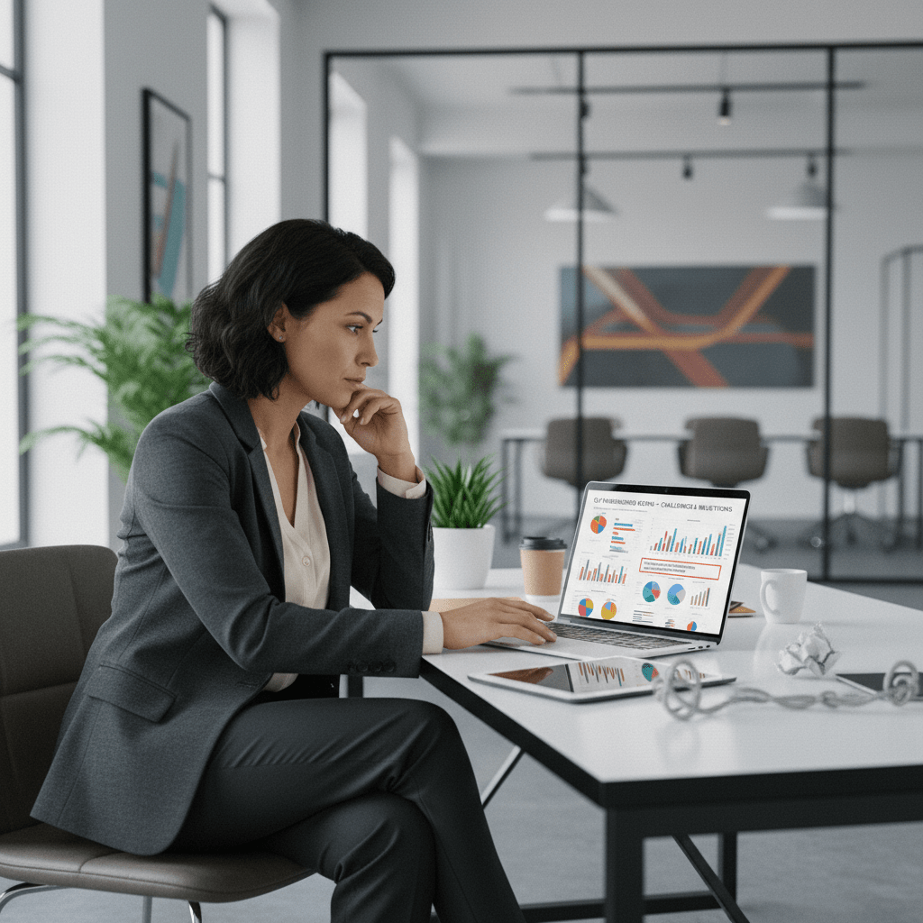A female founder thoughtfully examines complex financial data on a laptop, indicating strategic challenges.