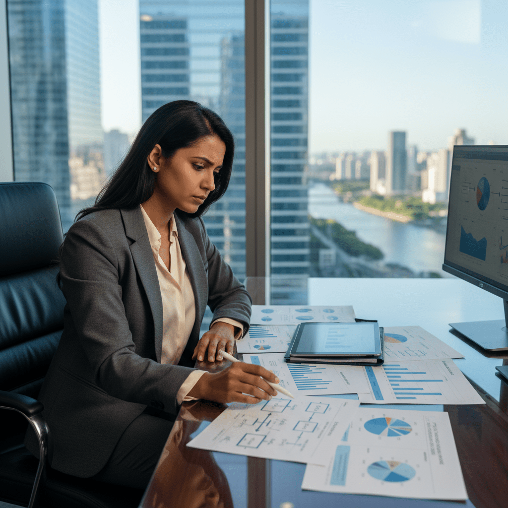 A female founder thoughtfully examining complex financial documents on a large desk in a modern office, a city skyline in the background.