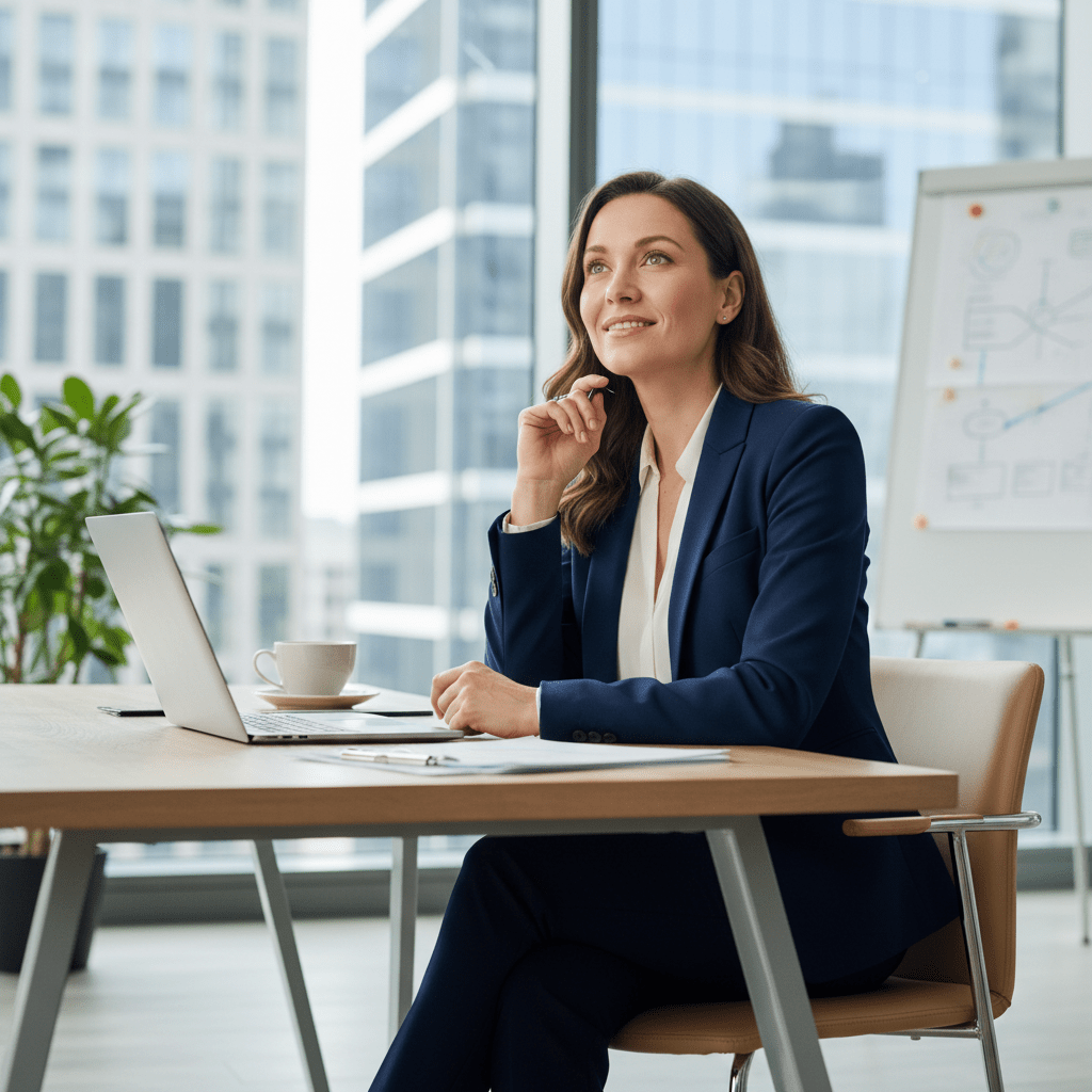 A focused female entrepreneur at her desk, looking determined and thoughtful, representing strategic clarity and growth in capital raising.