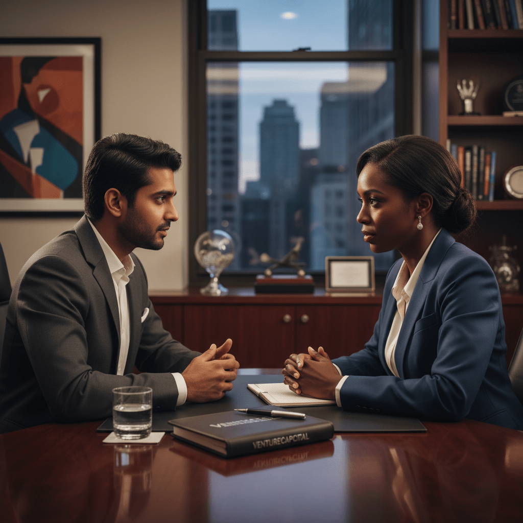 A founder and an investor in a deep, trust-based strategic discussion in an executive office, reflecting relationship-based fundraising.