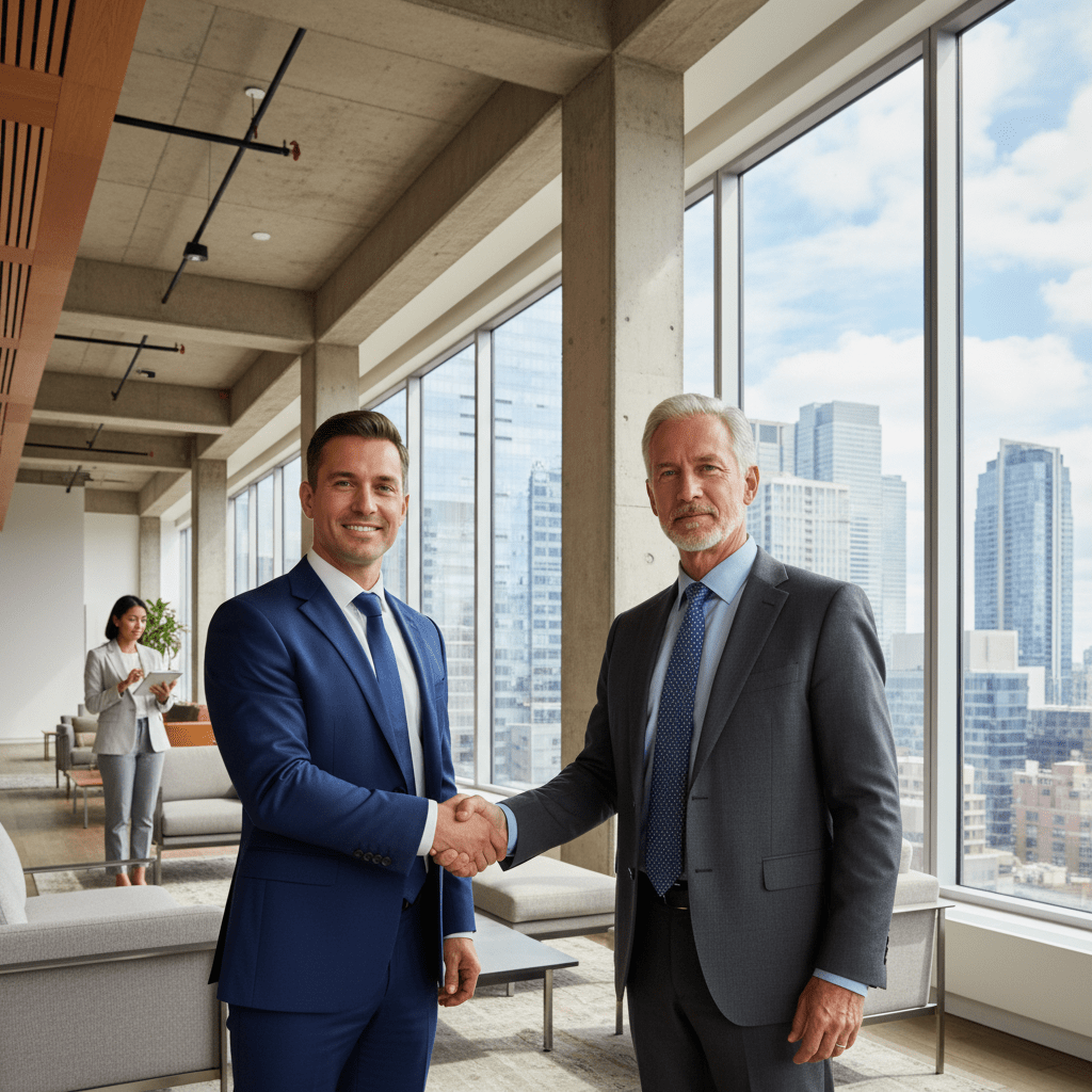 A founder and an investor shaking hands in a sophisticated corporate lounge, symbolizing a successful partnership and future growth.