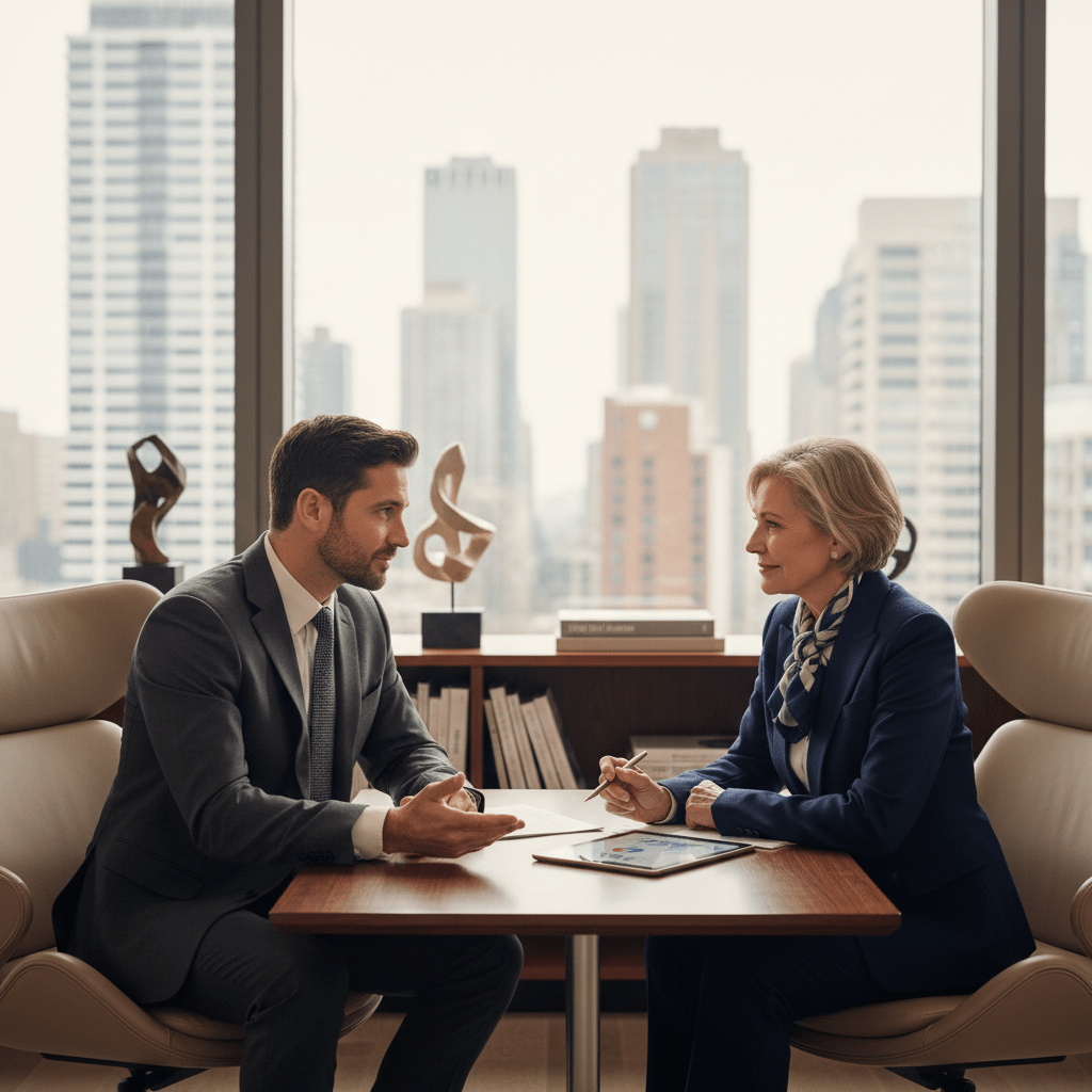 A founder and private investor in a strategic discussion in a modern corporate lounge, symbolizing exclusive networking and successful capital raising.