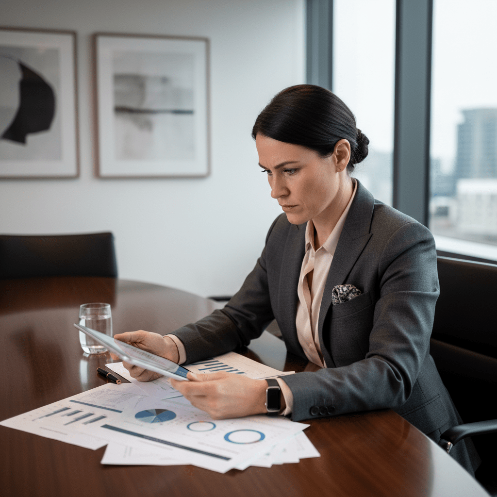 A founder confidently analyzing financial documents for a strategic debt raise in a high-end corporate office.