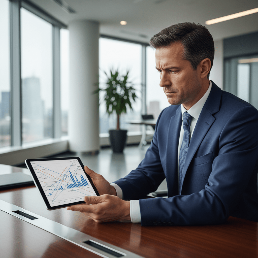 A founder looking thoughtfully at a complex graph on a tablet, conveying the challenges of standard capital market approaches.