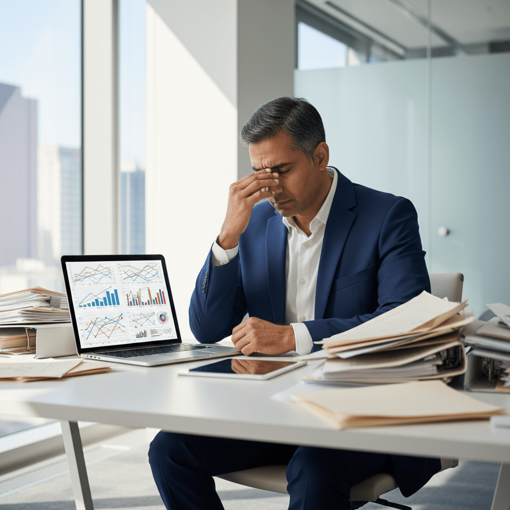 A frustrated businessman surrounded by stacks of unorganized documents and complex charts, symbolizing ineffective traditional fundraising.