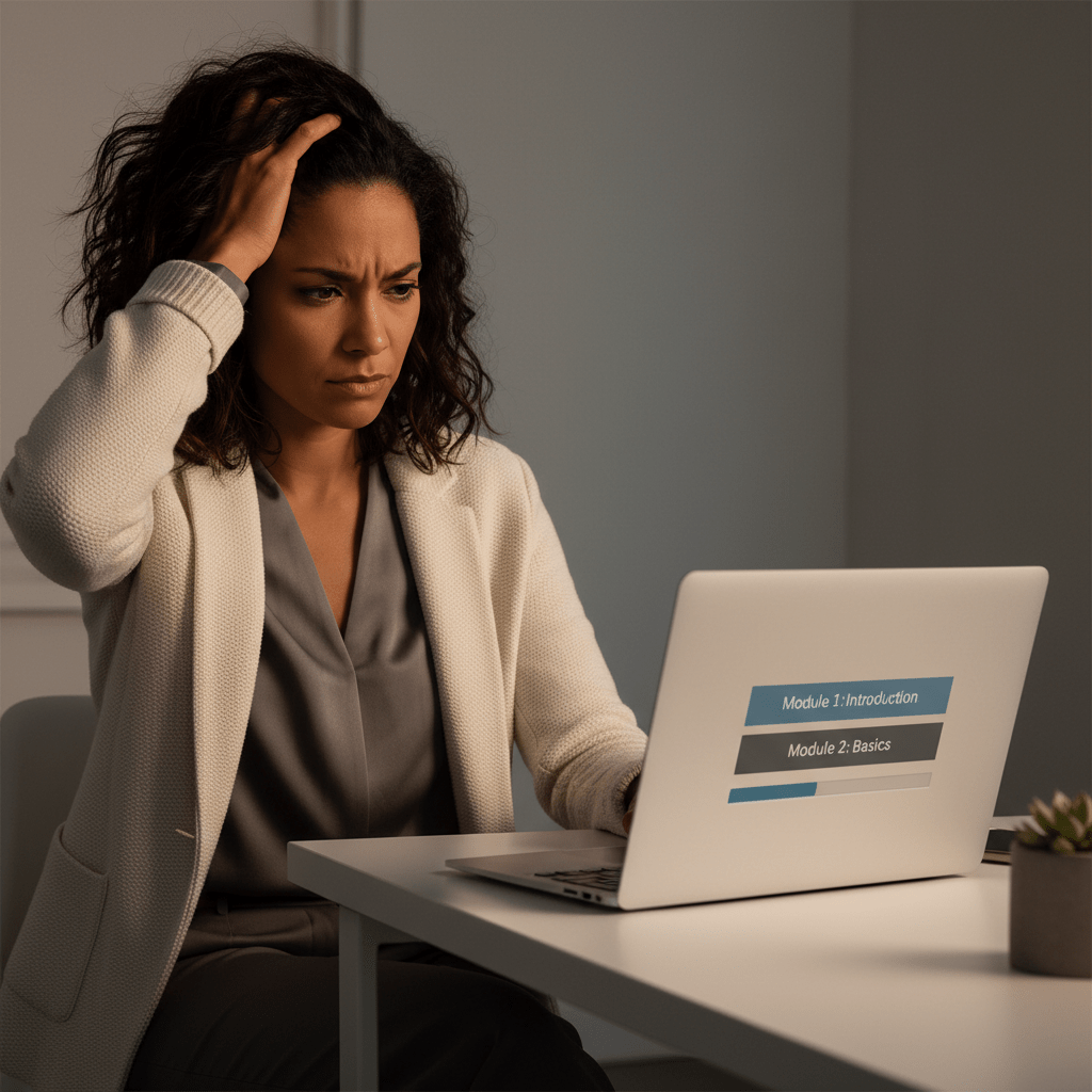 A frustrated female founder looks at a generic online course on her laptop.