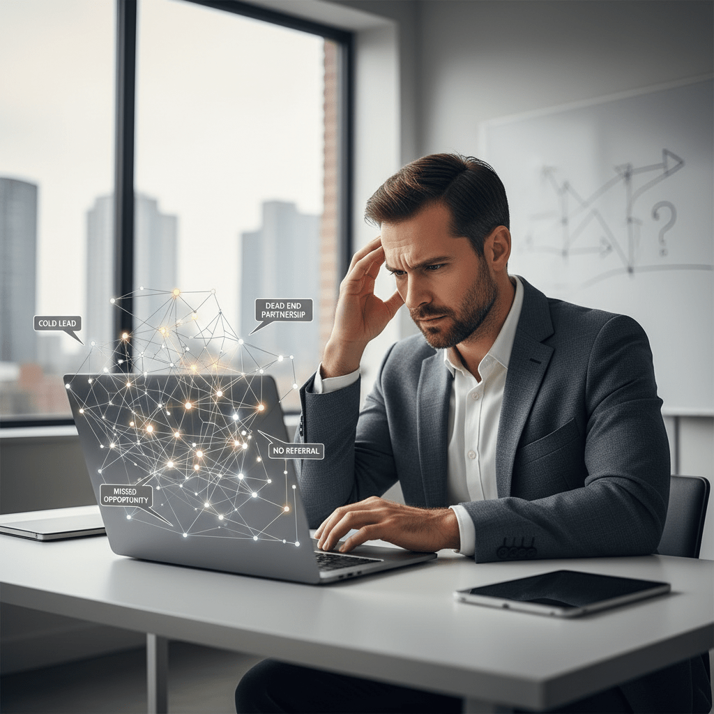 A frustrated founder at his desk, overwhelmed by complex, traditional deal sourcing challenges on his laptop screen.