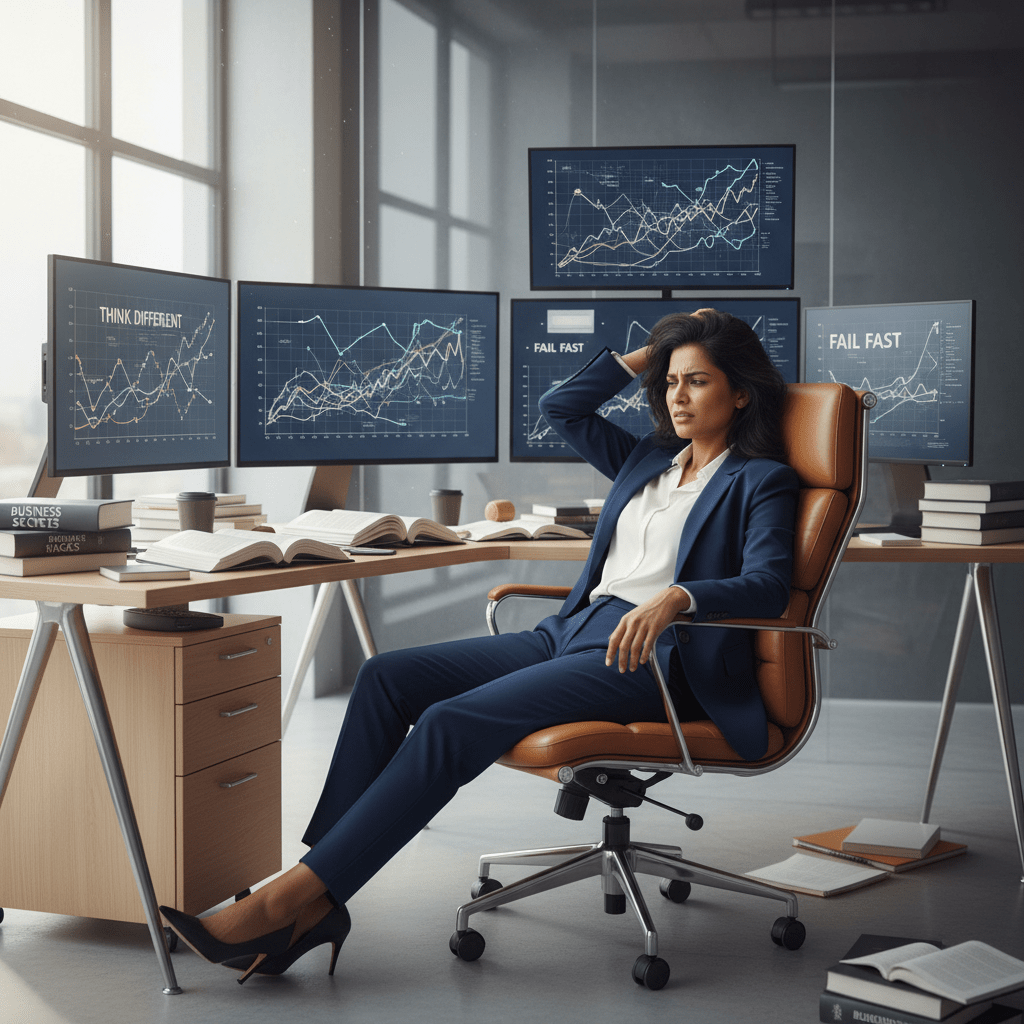 A frustrated founder looking overwhelmed by disorganized and ineffective fundraising information in a modern office.
