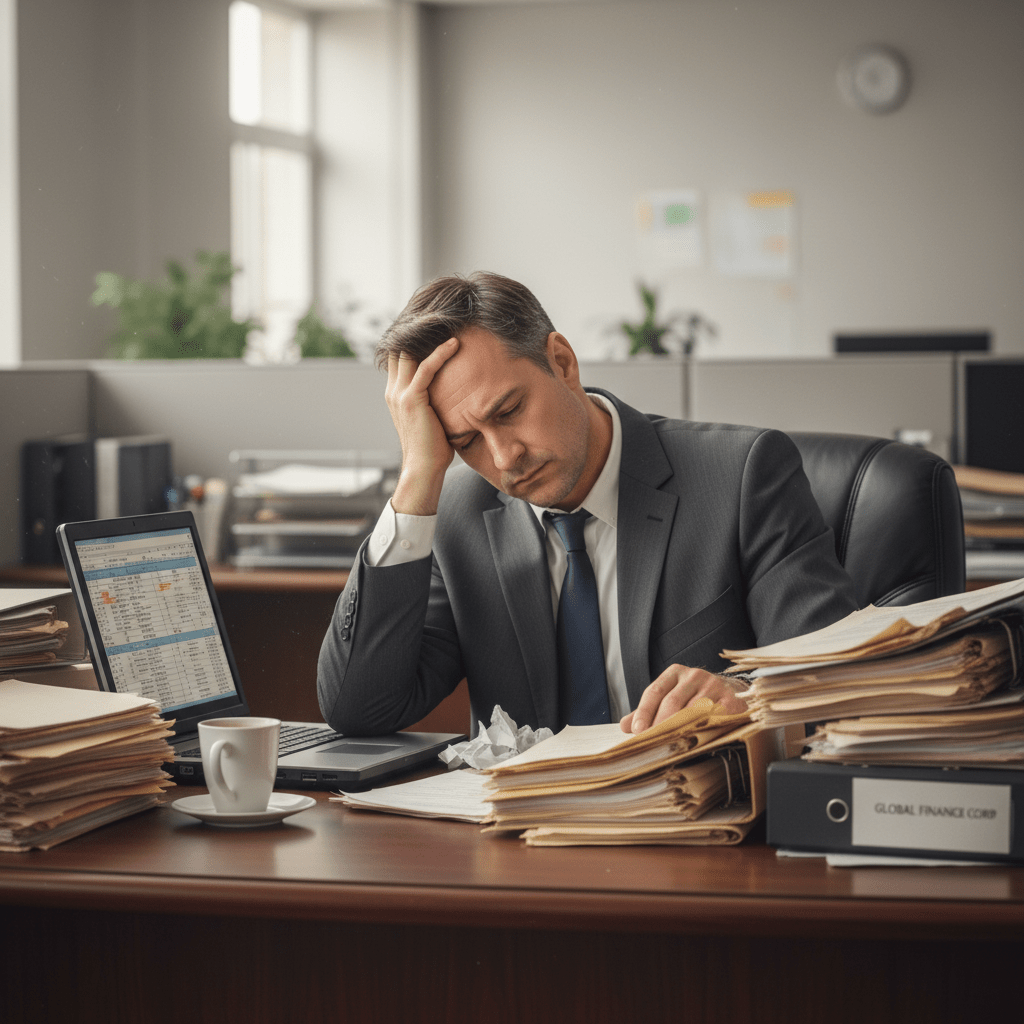 A frustrated male executive overwhelmed by stacks of paperwork and outdated technology, symbolizing the ineffectiveness of traditional fundraising methods.