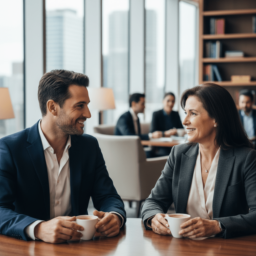 A male founder and a female investor sharing a warm, confident conversation in an upscale cafe, depicting a successful warm introduction.