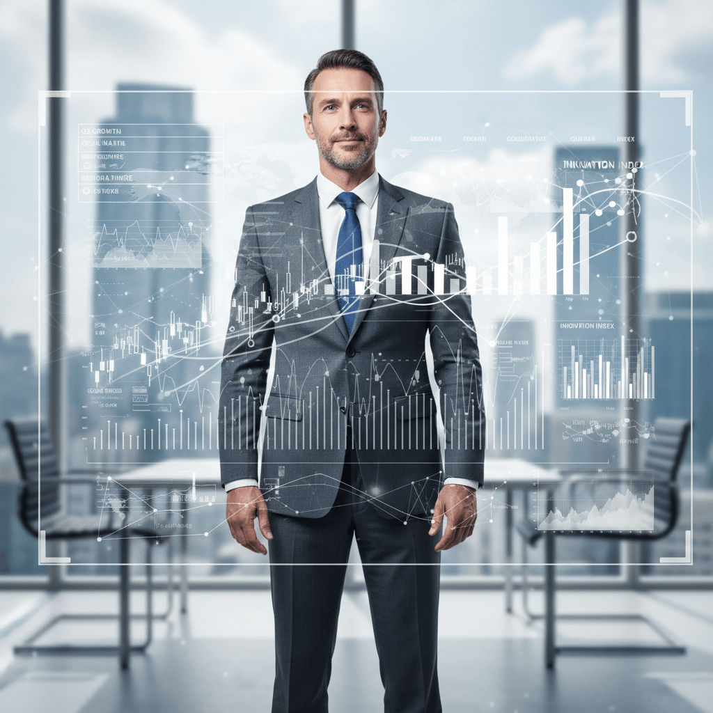 A male founder strategically analyzes financial models on a screen, looking forward with a visionary gaze in an executive office setting.