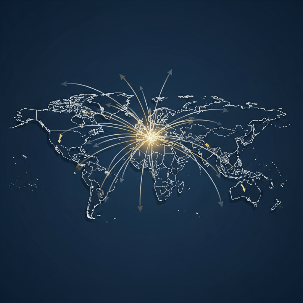 A minimalist global map overlaid with rapidly connecting, glowing lines, symbolizing fast-tracked access to an international investor network.