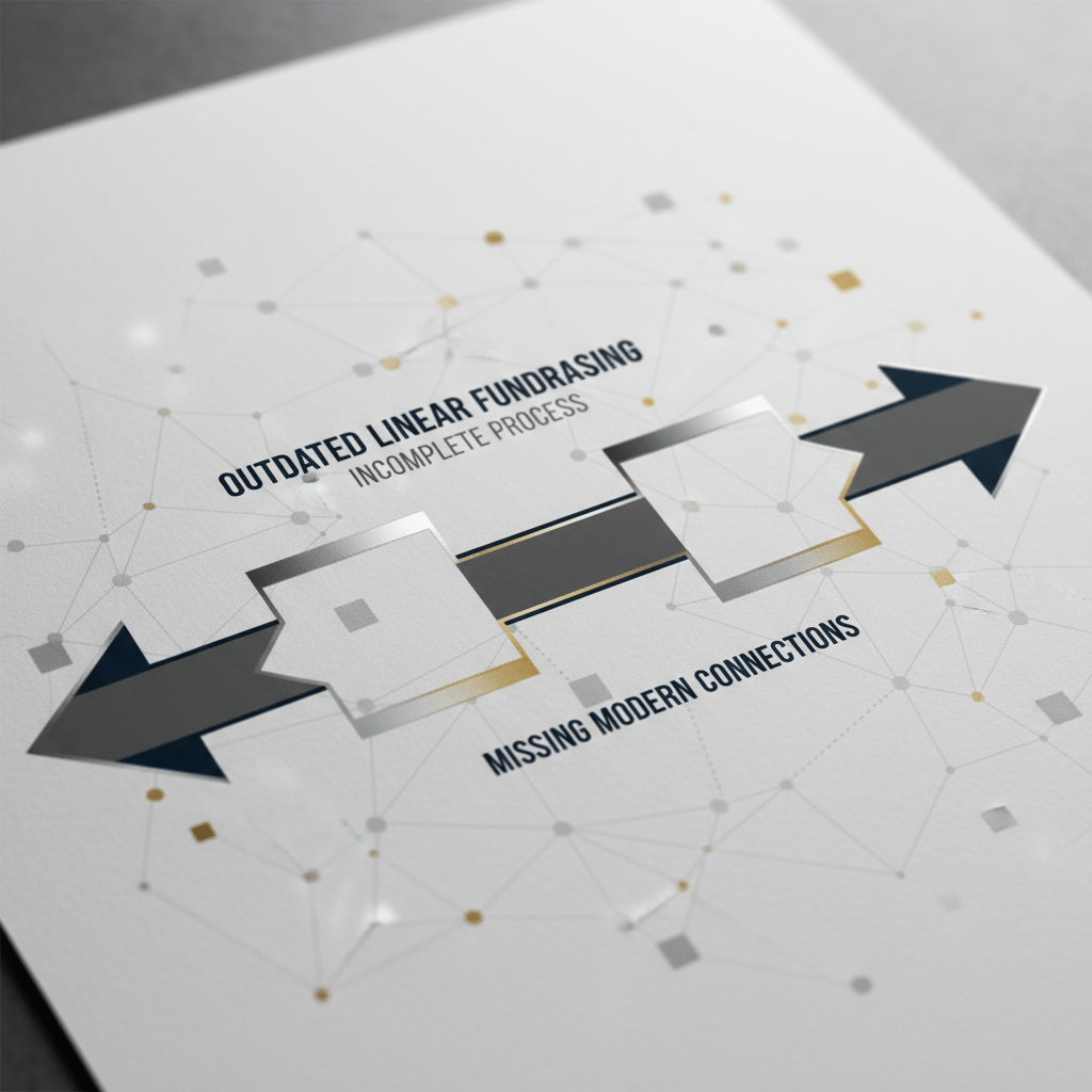 A minimalist infographic depicting a broken or incomplete fundraising pipeline, symbolizing outdated methods that fall short in today's complex investment landscape.