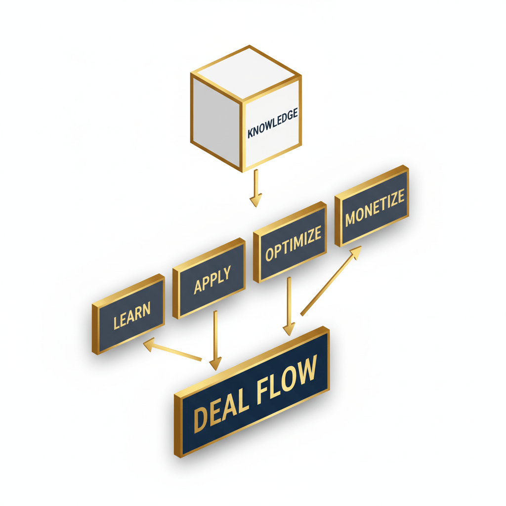 A minimalist, multi-stage pipeline infographic with isometric shapes, illustrating the process of converting knowledge into consistent deal flow.