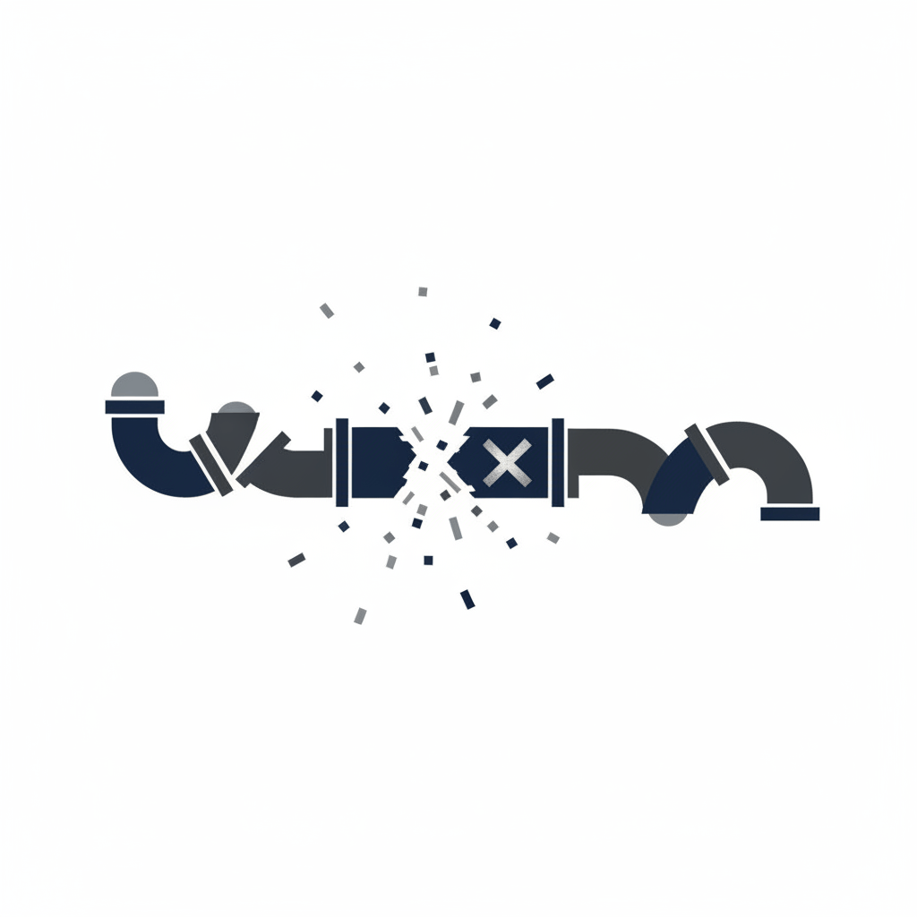 A minimalist vector graphic depicting a broken deal-flow pipeline, symbolizing the common failure points and inefficiencies of traditional fundraising methods at the Series A stage.
