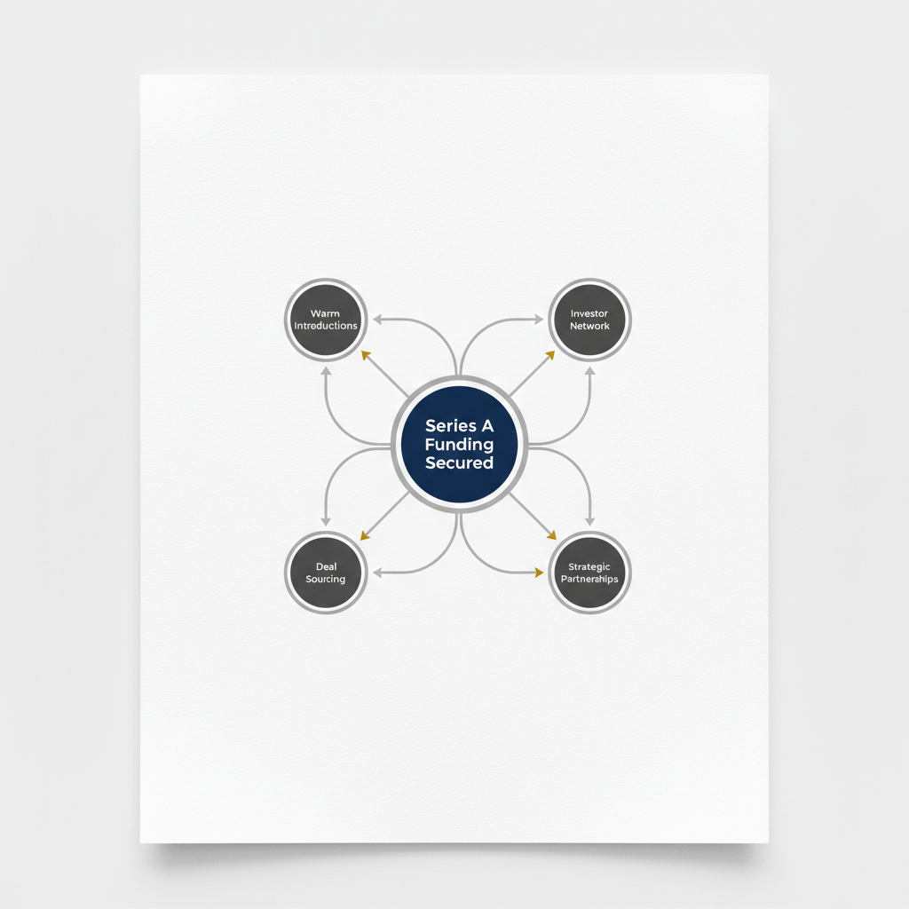 A minimalist vector graphic illustrating how relationship-based strategies, represented by interconnected nodes like warm introductions and investor networks, lead to securing Series A funding.