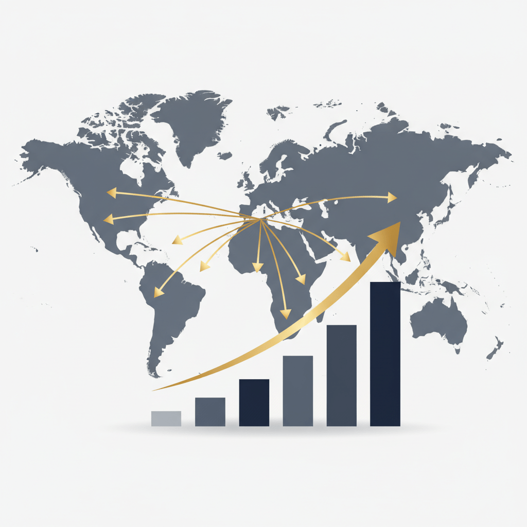 A minimalist world map with radiating arrows pointing towards an upward-trending growth chart, symbolizing global opportunity and the critical importance of foreign capital.