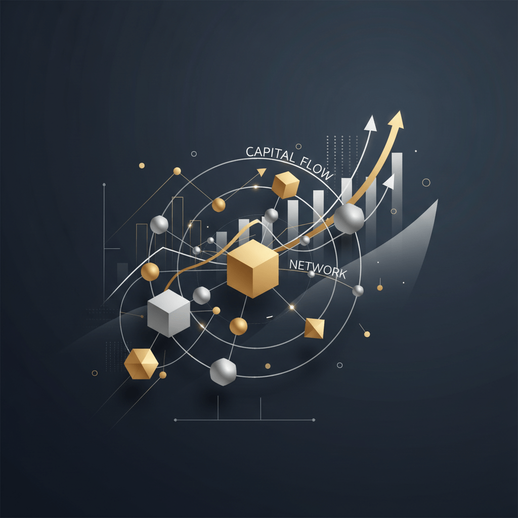 A modern, minimalist infographic with a dark background. It showcases an intricate network graph of geometric nodes, connected by glowing metallic silver lines representing investor relationships and capital flow. Subtle, integrated data visualizations like ascending bar charts hint at financial growth. The color scheme is deep navy, charcoal, white, metallic silver, and hints of gold.
