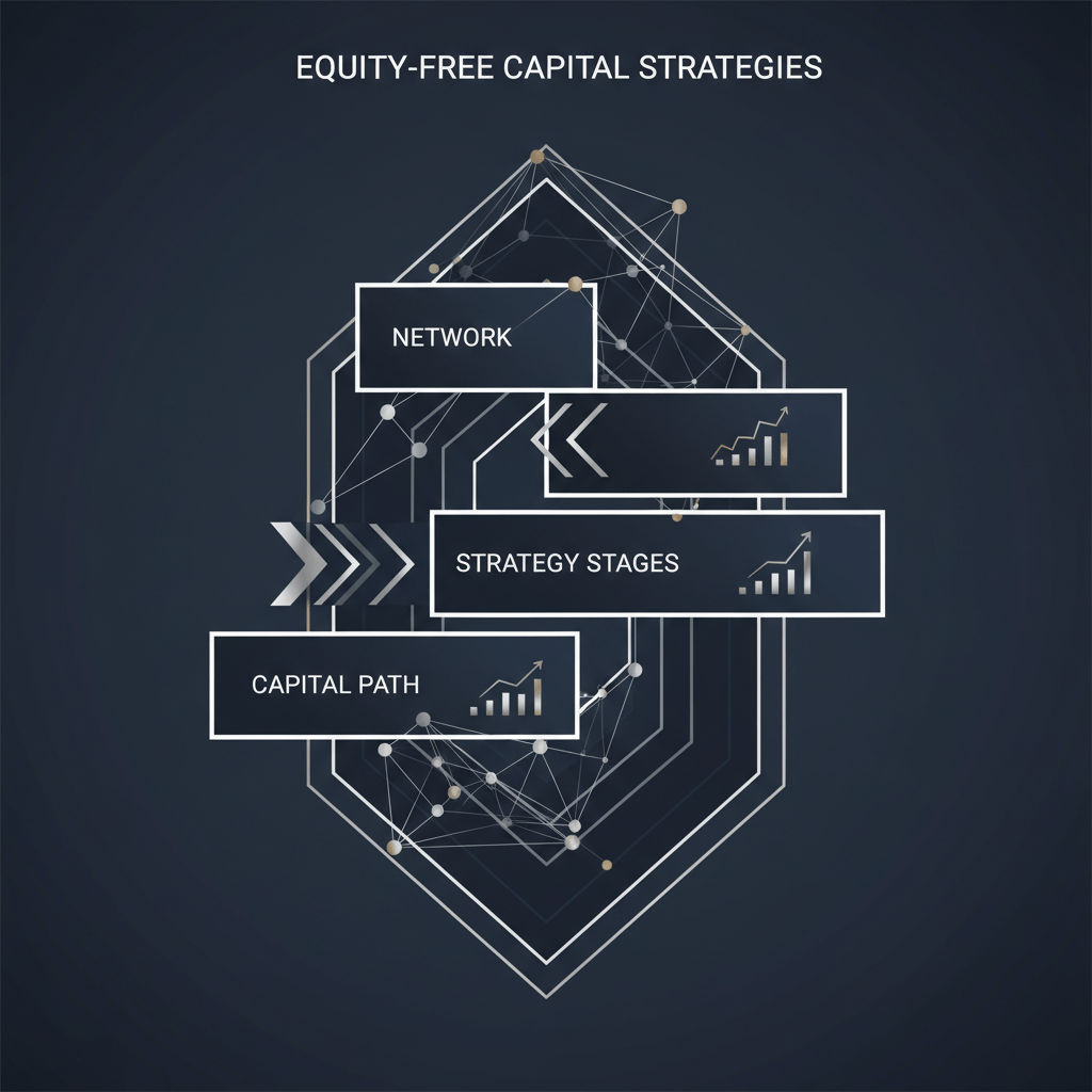A modern, premium infographic header for a business article, depicting a sophisticated network graph intertwined with a multi-layered strategic framework, illustrating how to raise capital without equity dilution. The visual uses clean geometric shapes, deep navy, charcoal, white, and metallic silver/gold accents, with directional arrows and abstract growth indicators.