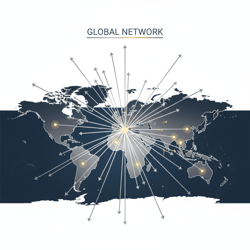 A modern vector infographic header image showing a stylized world map in deep navy and charcoal with a glowing network of metallic silver and gold lines and nodes, representing global investor connections and capital flow. Strategic arrows indicate progression. The image is minimalist, premium, and professional.