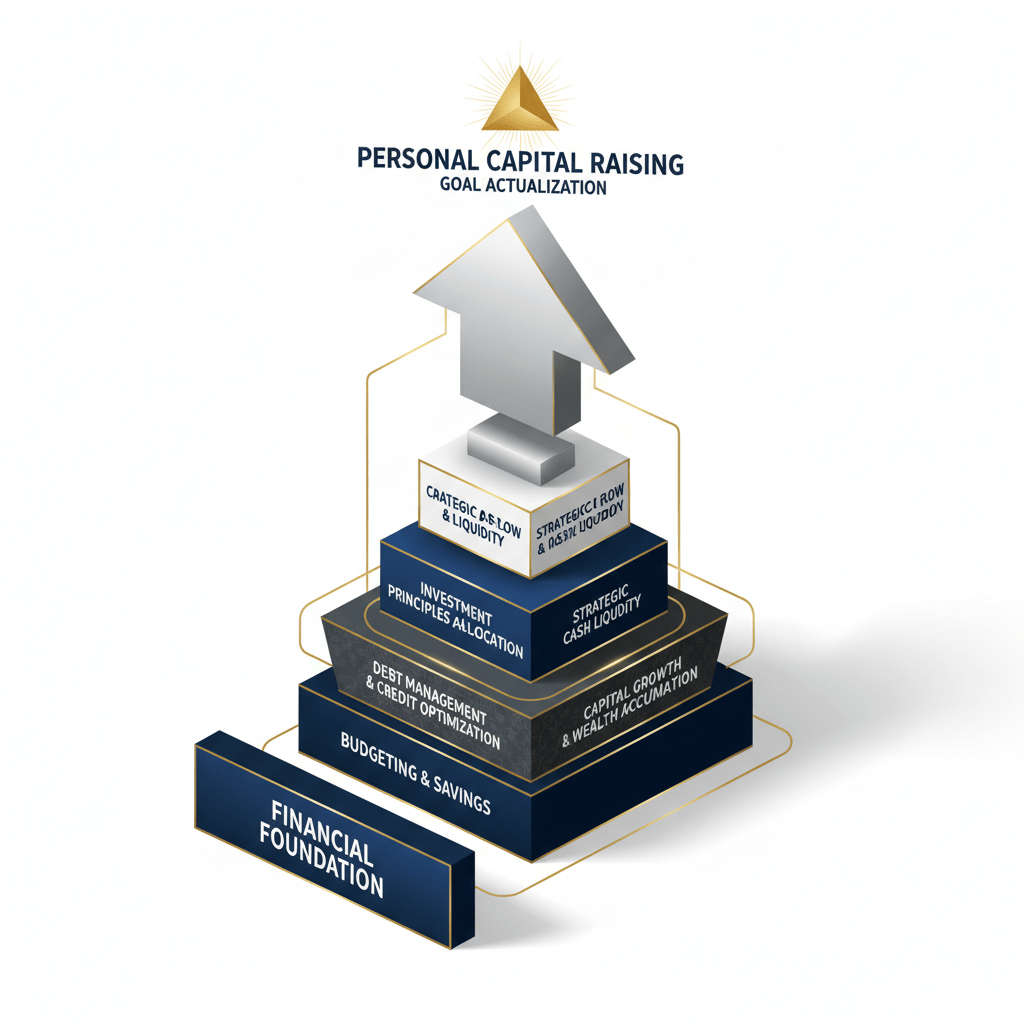 A multi-layered, abstract infographic showing how financial principles are systematically applied to build a robust capital raising strategy.
