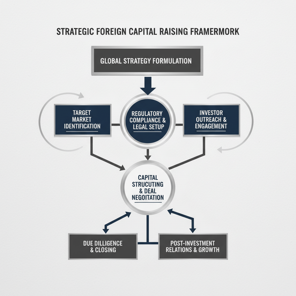 A multi-layered, interconnected process diagram illustrating the strategic steps involved in raising foreign capital, using geometric shapes and directional flow.