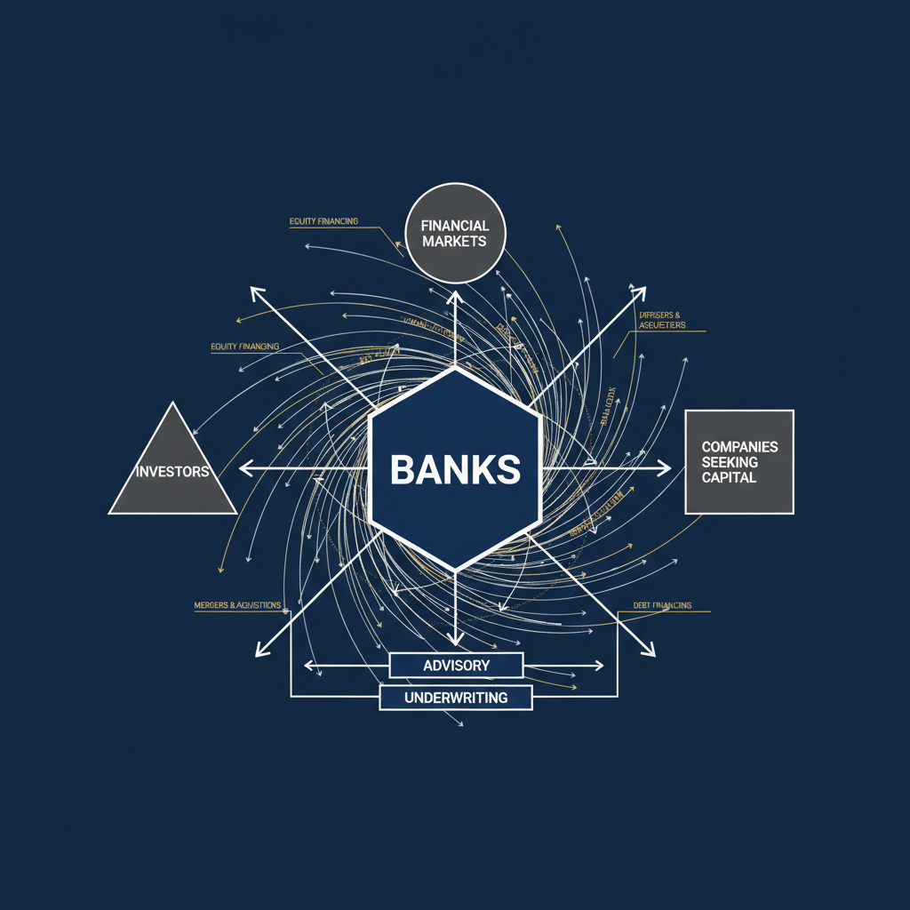 A network diagram infographic illustrating the central and connecting role of banks in the broader capital raising ecosystem, showing flows between investors and companies.