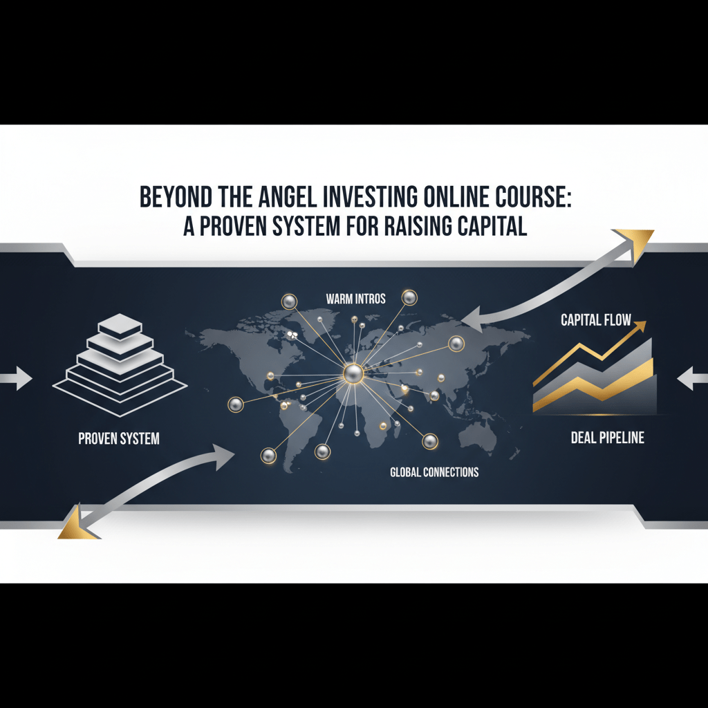 A premium, conceptual infographic for capital raising, featuring interconnected network nodes and radiating lines symbolizing investor connections, overlaid with ascending growth charts and a layered strategic framework. The design uses modern geometric shapes, deep navy, charcoal, and white colors with metallic silver and gold accents, conveying professionalism and a proven system for financial growth.