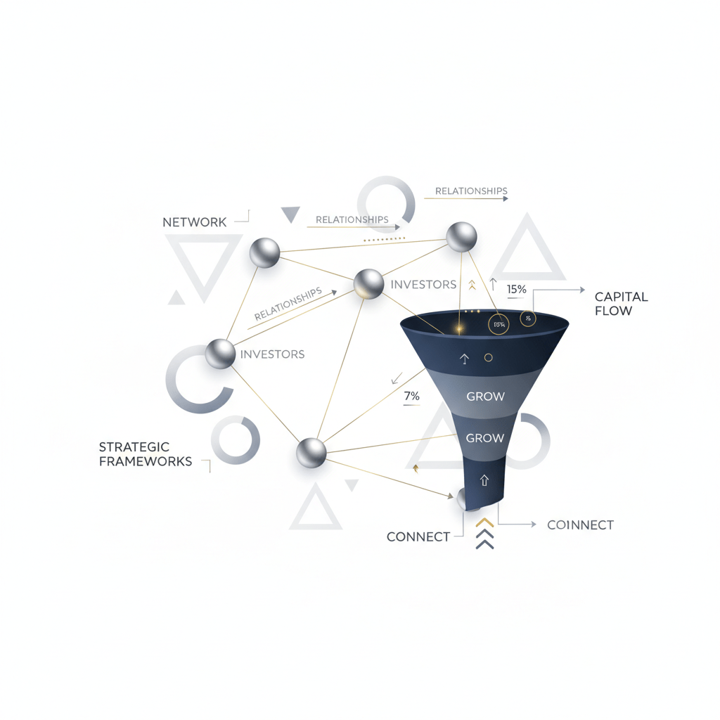 A premium infographic header featuring an abstract network graph with interconnected nodes and lines representing investor relationships, seamlessly transitioning into a multi-stage capital raising funnel. The visual uses clean geometric shapes, subtle gradients, and metallic accents in a palette of deep navy, charcoal, and white, conveying growth, strategy, and interconnectedness in capital fundraising.