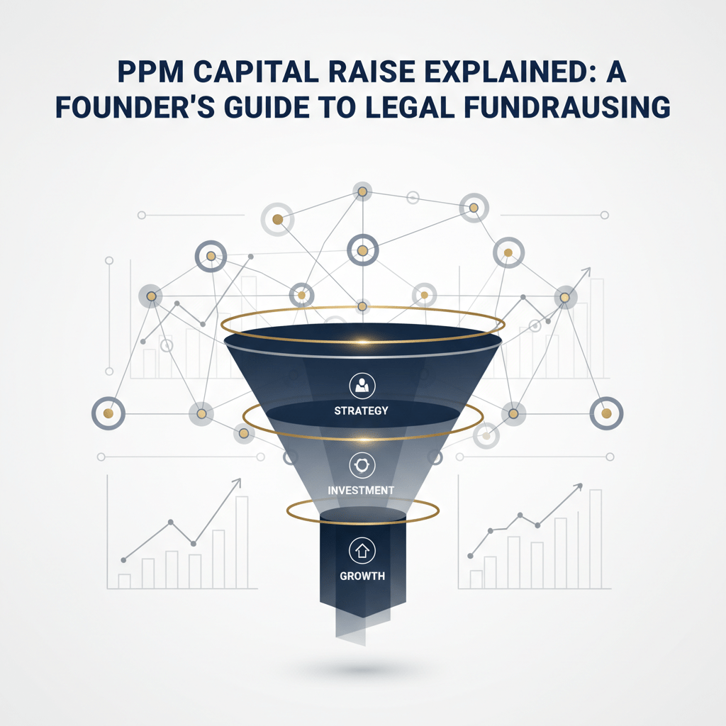 A premium infographic header image depicting the process of a PPM capital raise. It features an interconnected network of investor nodes and capital flow pathways, leading to a central, multi-layered funnel diagram. The funnel illustrates fundraising stages like strategy, compliance, investment, and growth, with upward arrows. Background elements include subtle data charts. The design uses clean geometric shapes, deep navy, charcoal, white, and metallic silver accents for a modern, sophisticated look, emphasizing a structured and results-driven fundraising approach.