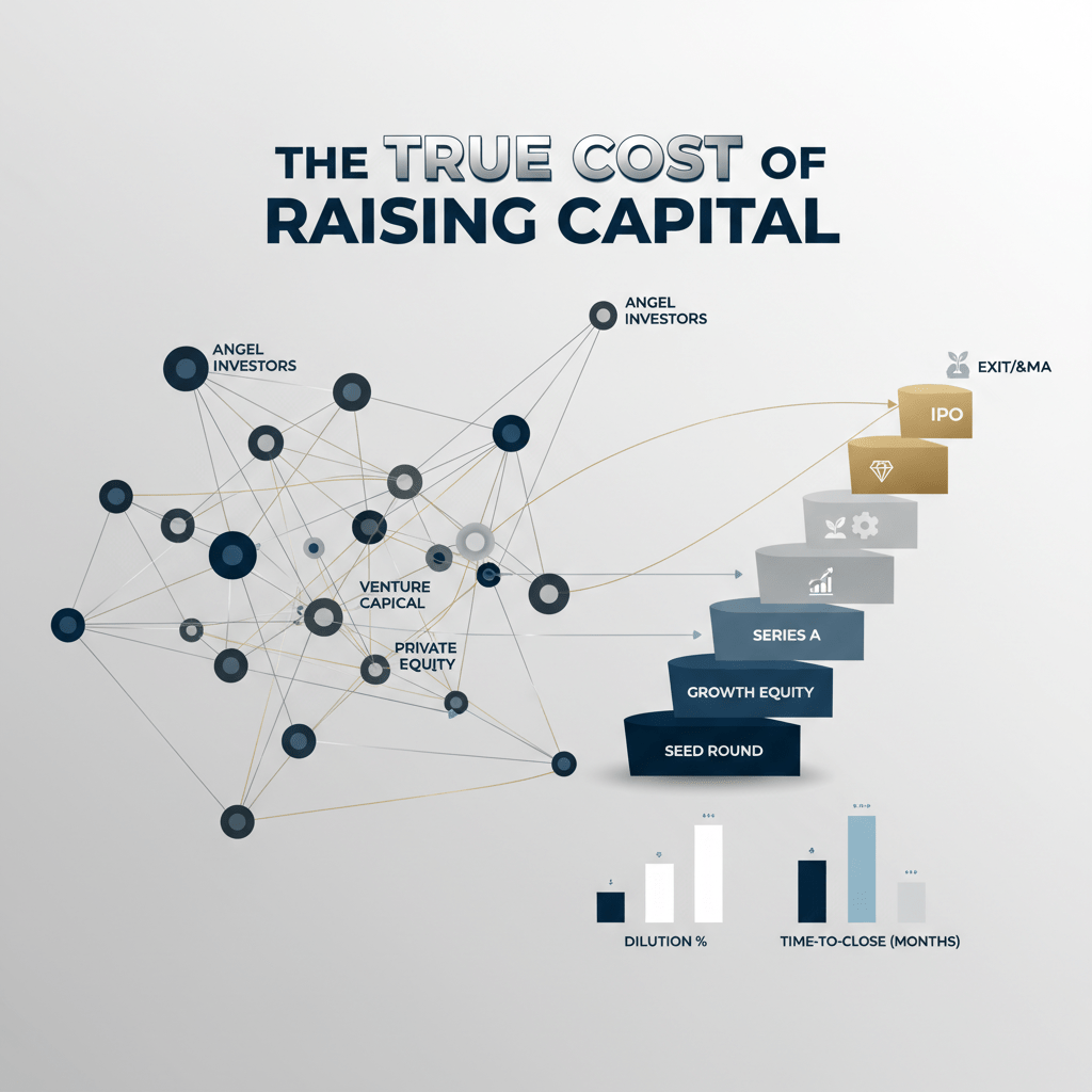 A premium, infographic-style header image featuring a sophisticated network graph with interconnected nodes and elegant pathways, symbolizing investor connections and strategic capital flow. The design incorporates a subtle, multi-layered framework or ascending funnel representing fundraising progression, complemented by minimalist data-driven charts indicating growth and value creation. The color palette is deep navy, charcoal, and white with metallic silver or gold accents, conveying professionalism and elite access, suitable for an article titled 'The True Cost of Raising Capital: A Founder's Guide to Smarter Fundraising'.